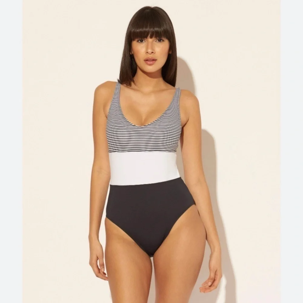 BLEU Rod Beattie Black Pinstripe Tank One Piece Swimsuit NWOT